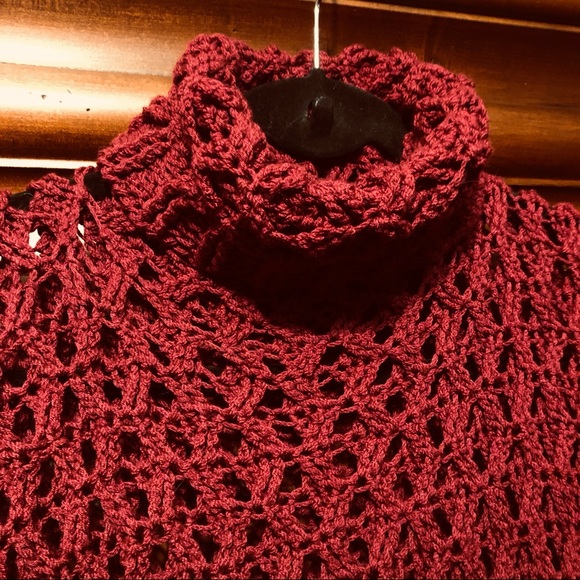 Handmade One of a Kind Crochet Poncho in Cranberry - Picture 6 of 11